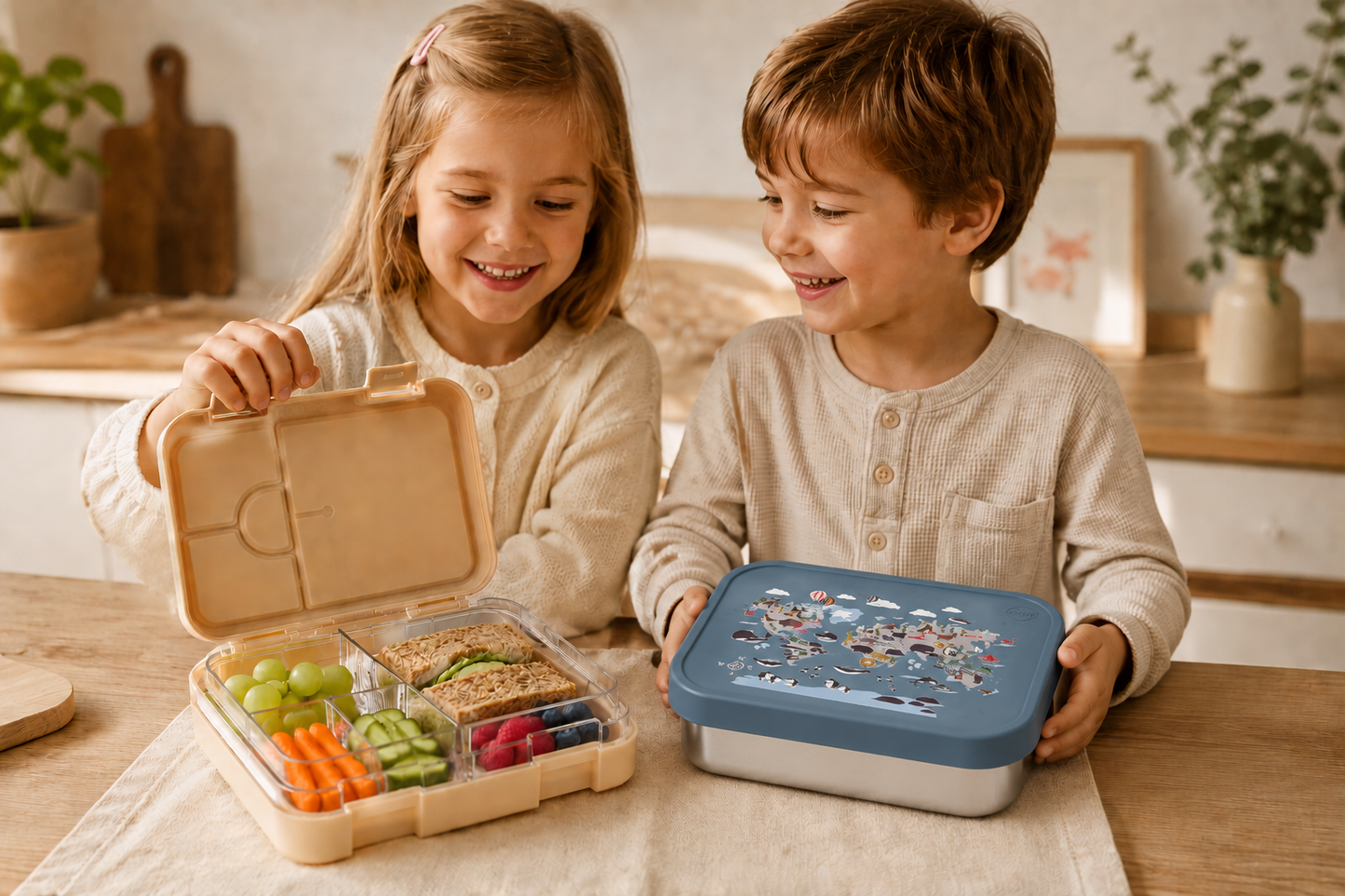 JENARD Brotdose & Trinkflasche Set für Kinder – Creme | Tiere im Wald