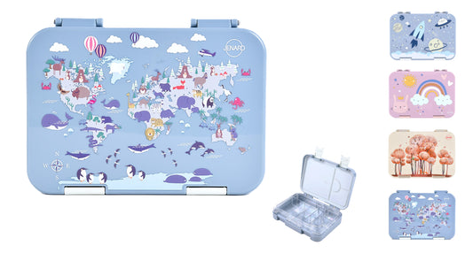 JENARD® Brotdose, Bento Box, Lunch Box, Vesper Box für Kinder - Blau / Weltkarte mit Tiere