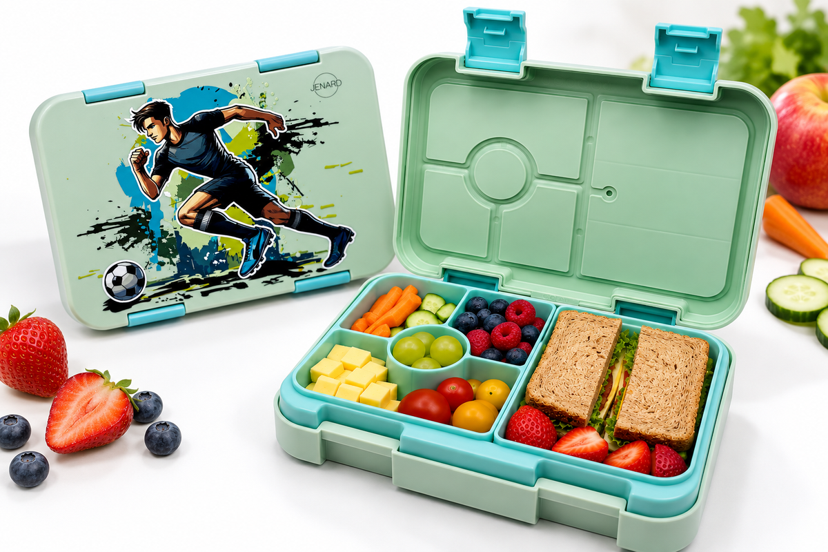 Jenard Lunch Box for Kids with Compartments. Very sturdy, flexible, and practical lunchbox, ideal for school. Cool Bento Box in Mint Green / Footballer