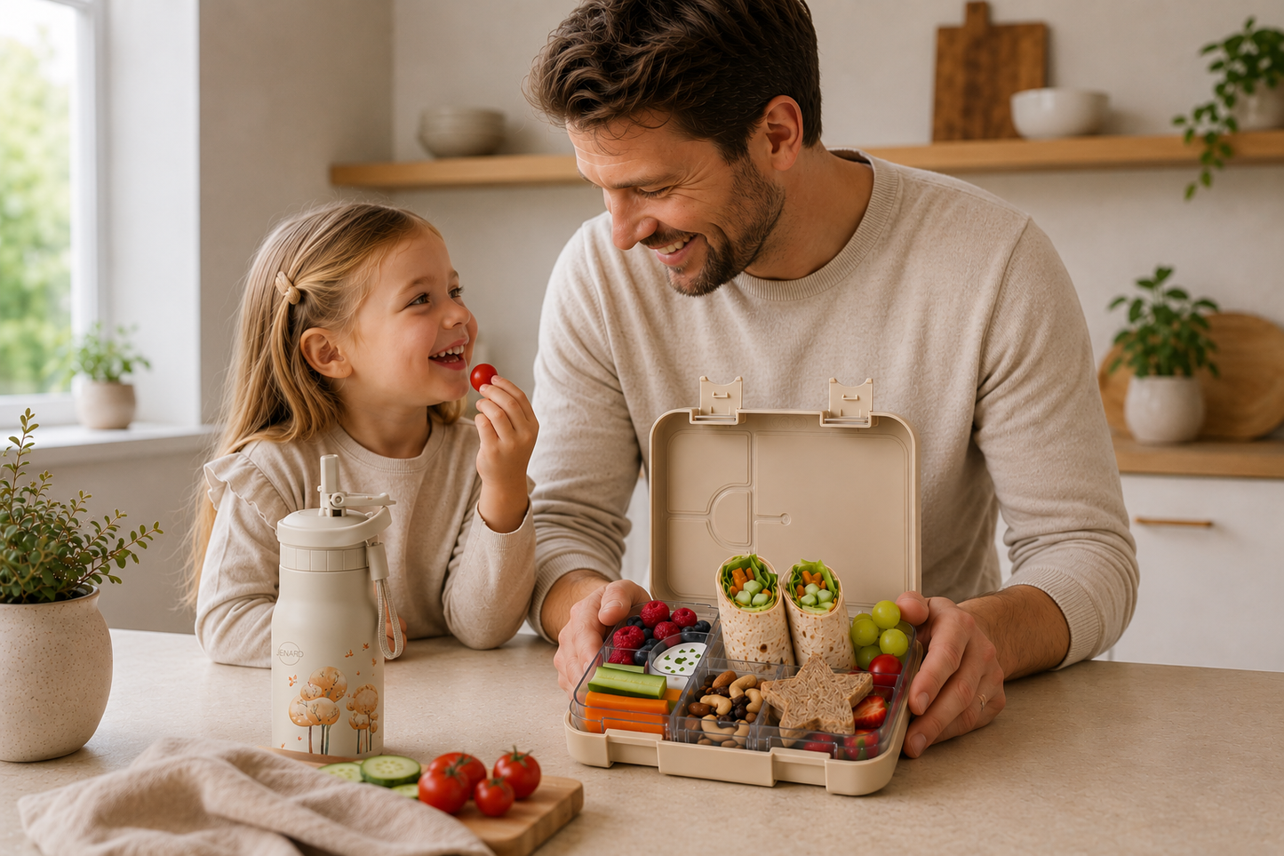 JENARD Brotdose & Trinkflasche Set für Kinder – Creme | Tiere im Wald