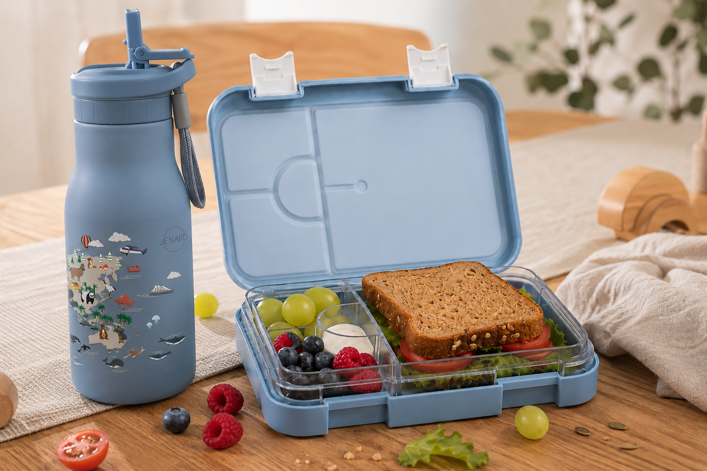 JENARD Brotdose & Trinkflasche Set für Kinder – Blau | Weltkarte