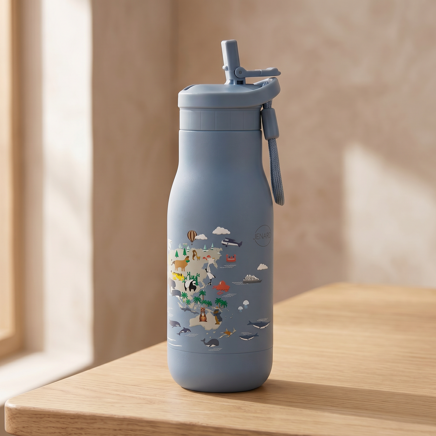 JENARD Brotdose & Trinkflasche Set für Kinder – Blau | Weltkarte
