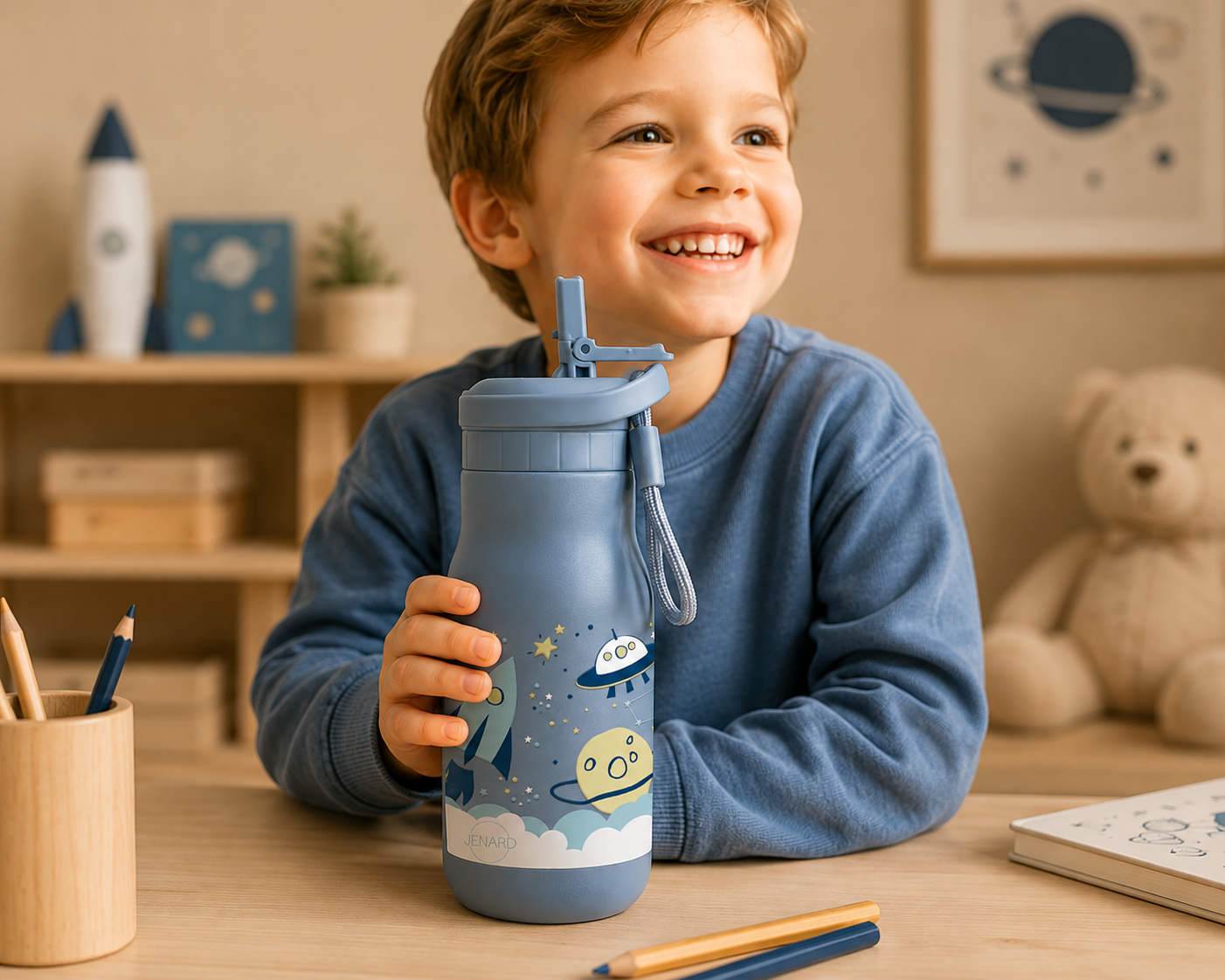 JENARD Brotdose & Trinkflasche Set für Kinder – Blau | Weltraum