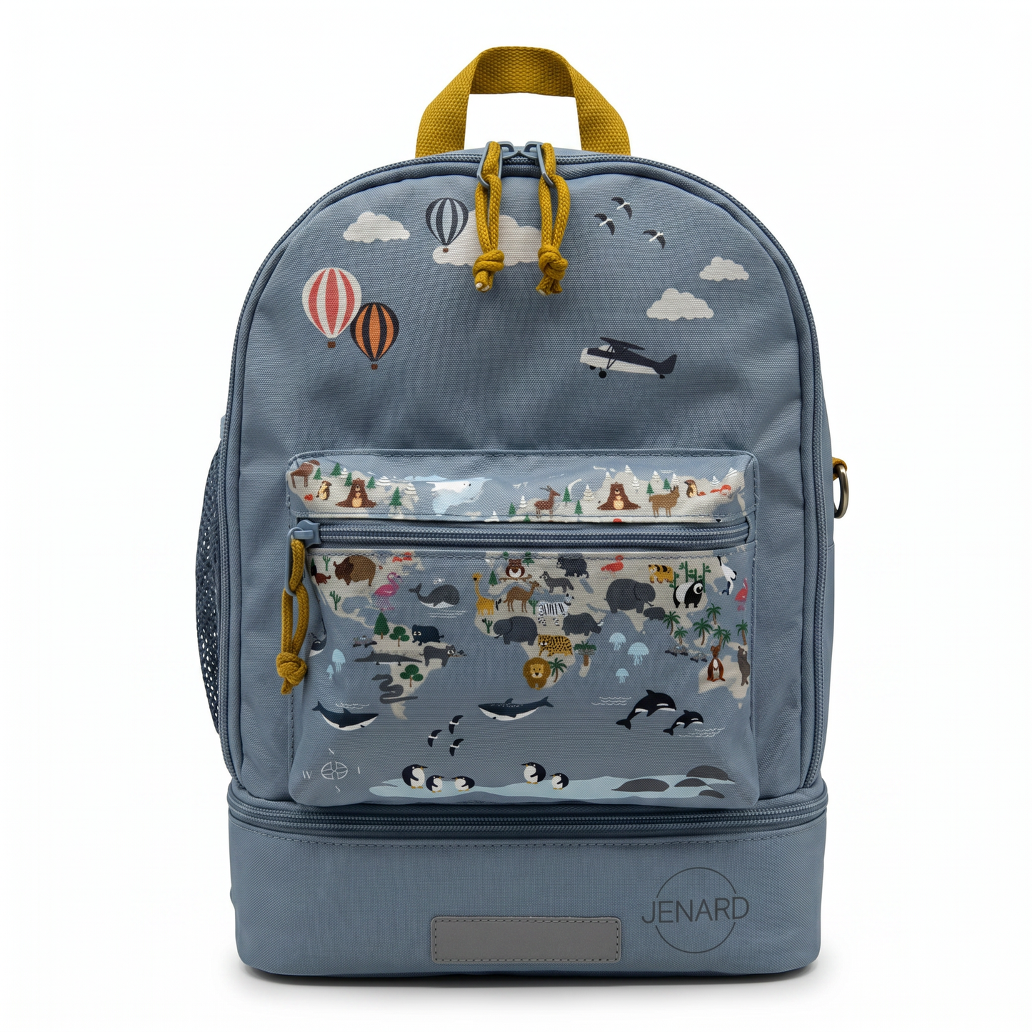 Jenard® Kids' Backpack - Lightweight Backpack for Kindergarten, School, Sports & Outings | with Water Bottle Pocket, Reflectors | Blue / World Map with Animals
