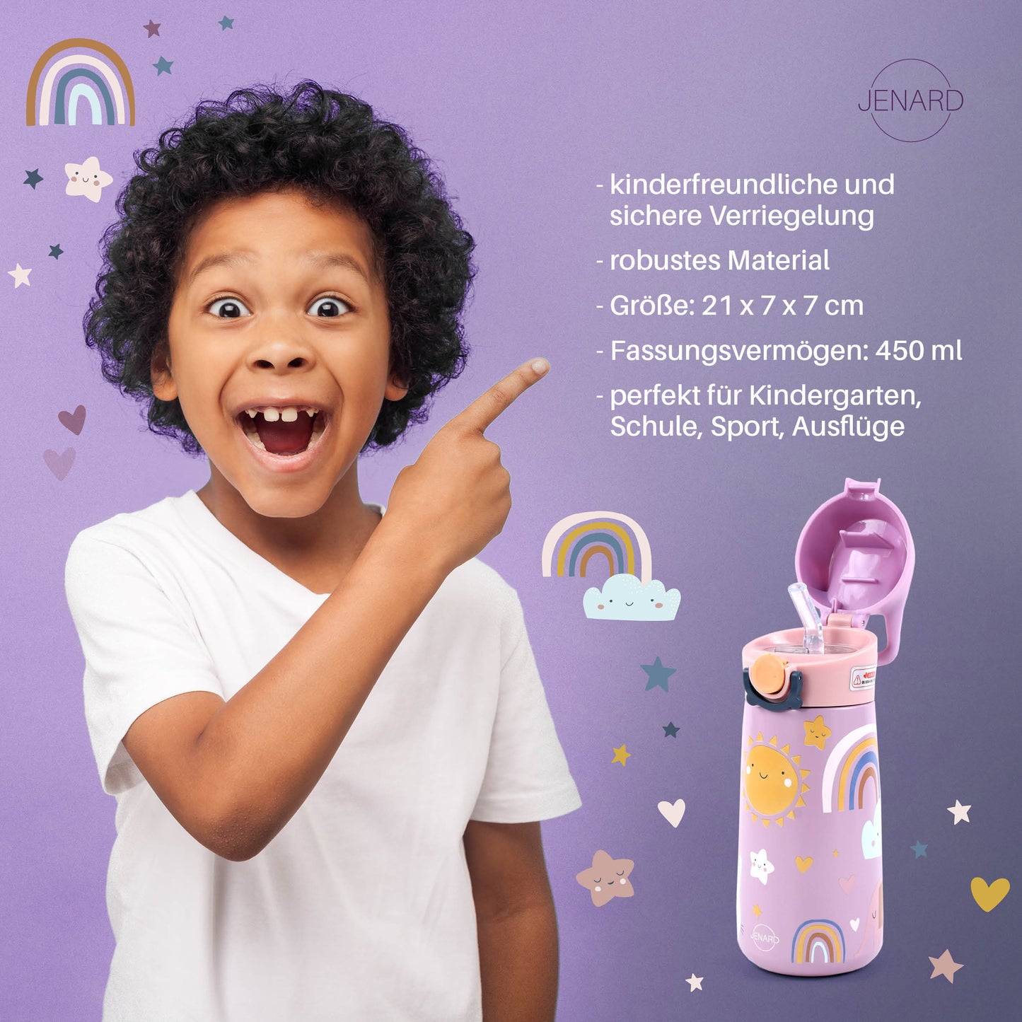 JENARD® SET Brotdose & Trinkflasche Edelstahl / Rosa - Regenbogen