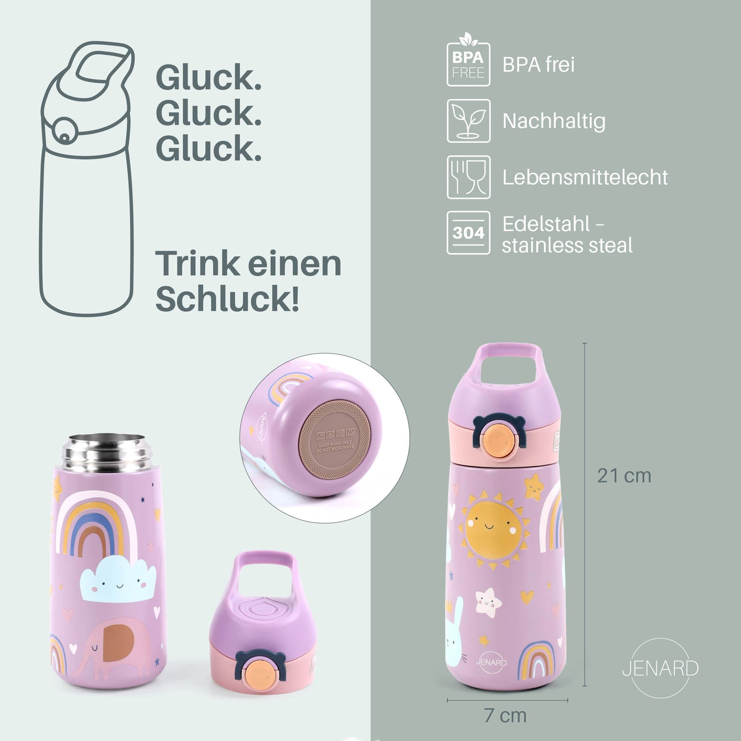 JENARD® SET Brotdose & Trinkflasche Edelstahl / Rosa - Regenbogen