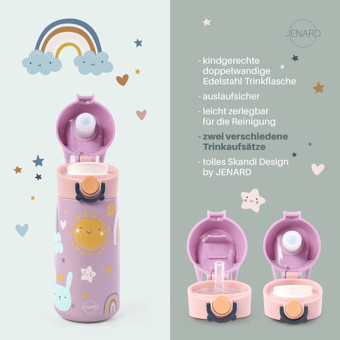JENARD® SET Brotdose & Trinkflasche Edelstahl / Rosa - Regenbogen