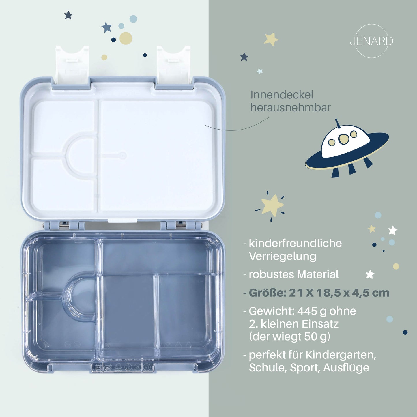 JENARD® Brotdose, Bento Box, Lunch Box, Vesper Box für Kinder - Blau / Weltraum Space