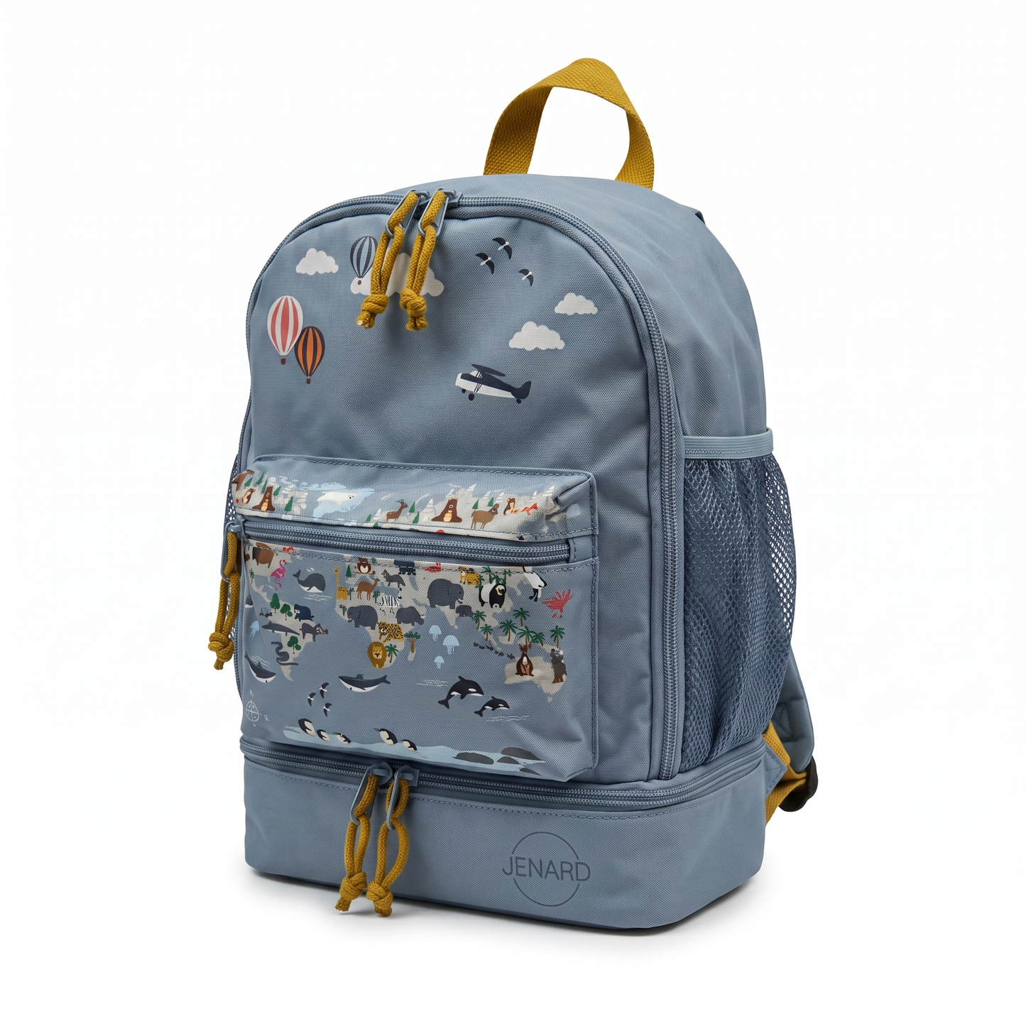 Jenard® Kids' Backpack - Lightweight Backpack for Kindergarten, School, Sports & Outings | with Water Bottle Pocket, Reflectors | Blue / World Map with Animals