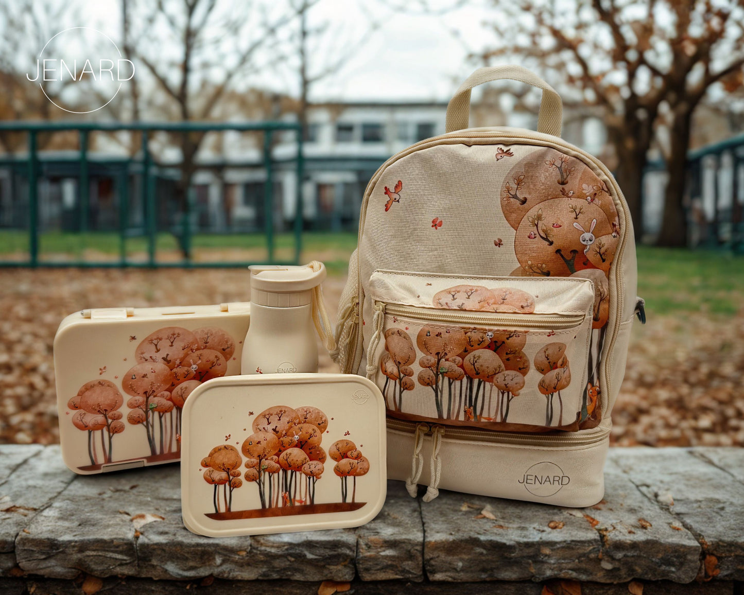 Brotdose & Trinkflasche Set für Kinder – Creme / Tiere im Wald