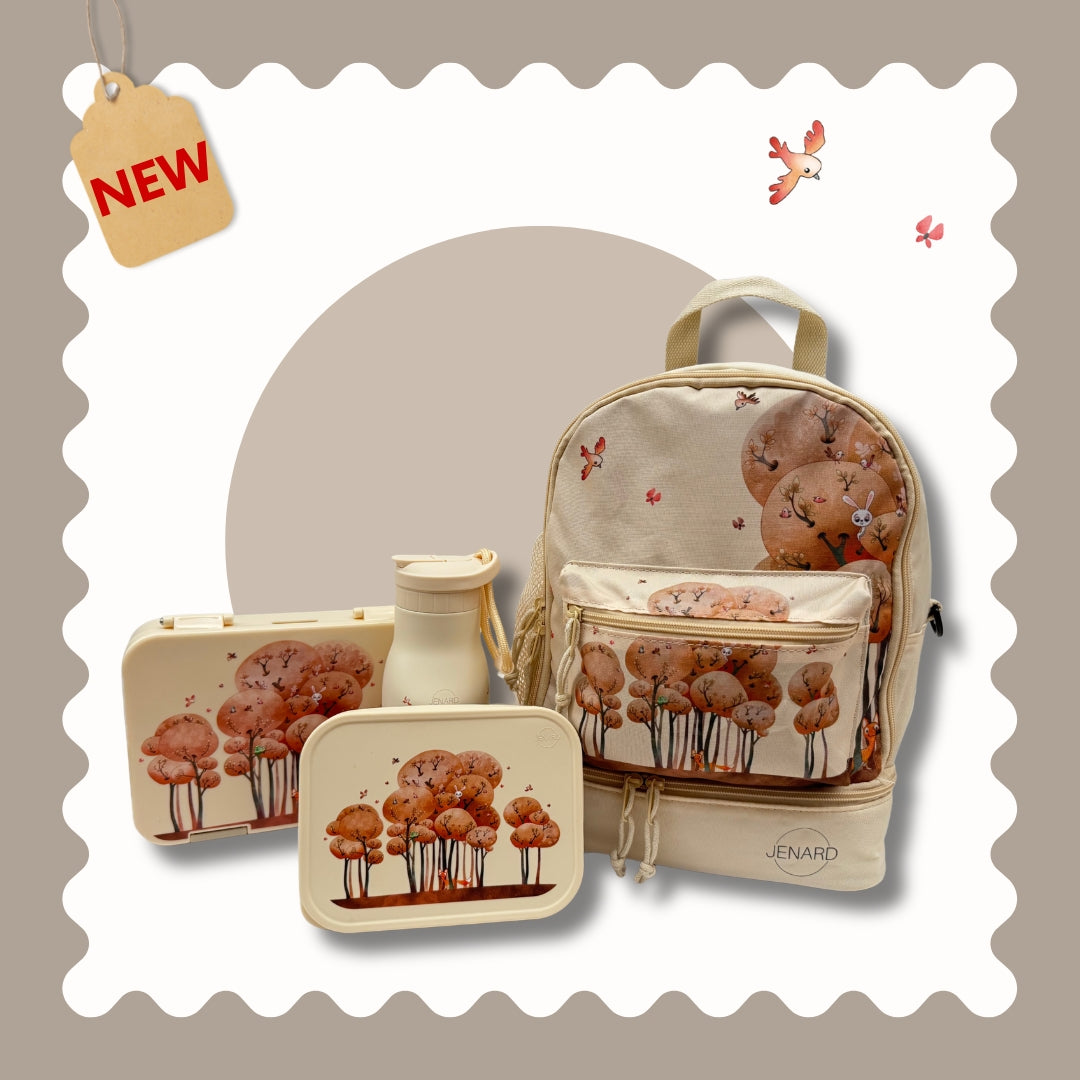 Brotdose & Trinkflasche Set für Kinder – Edelstahl – Tiere im Wald Creme