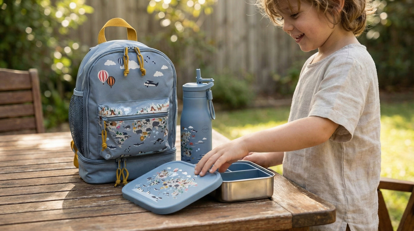 Brotdose & Trinkflasche Set für Kinder – Edelstahl – Weltkarte mit Tiere / Blau