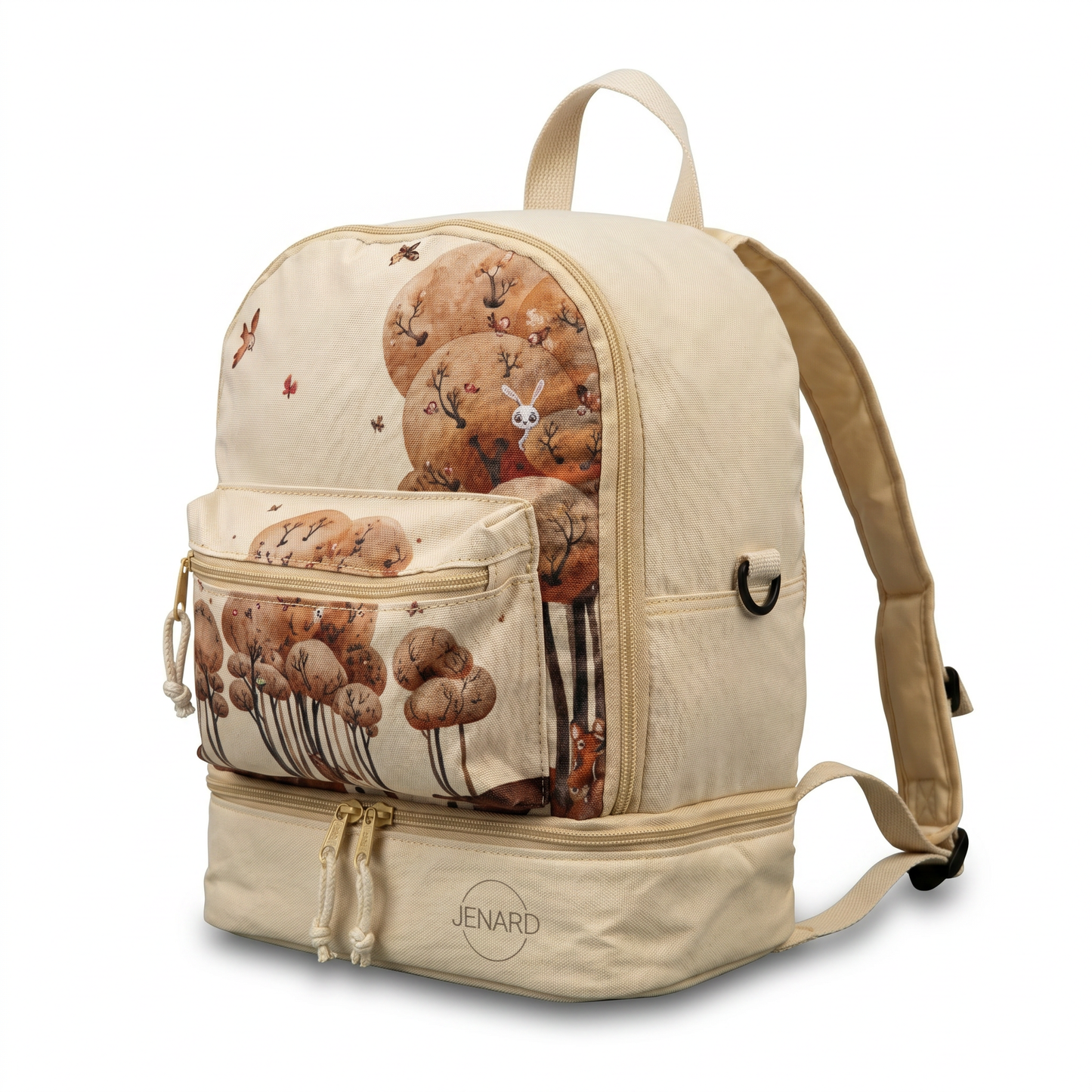 Jenard® Kinderrucksack – Leichter Rucksack für Kindergarten, Schule, Sport & Ausflüge | mit Trinkflaschenfach, Reflektoren | Creme / mit Tiere im Wald