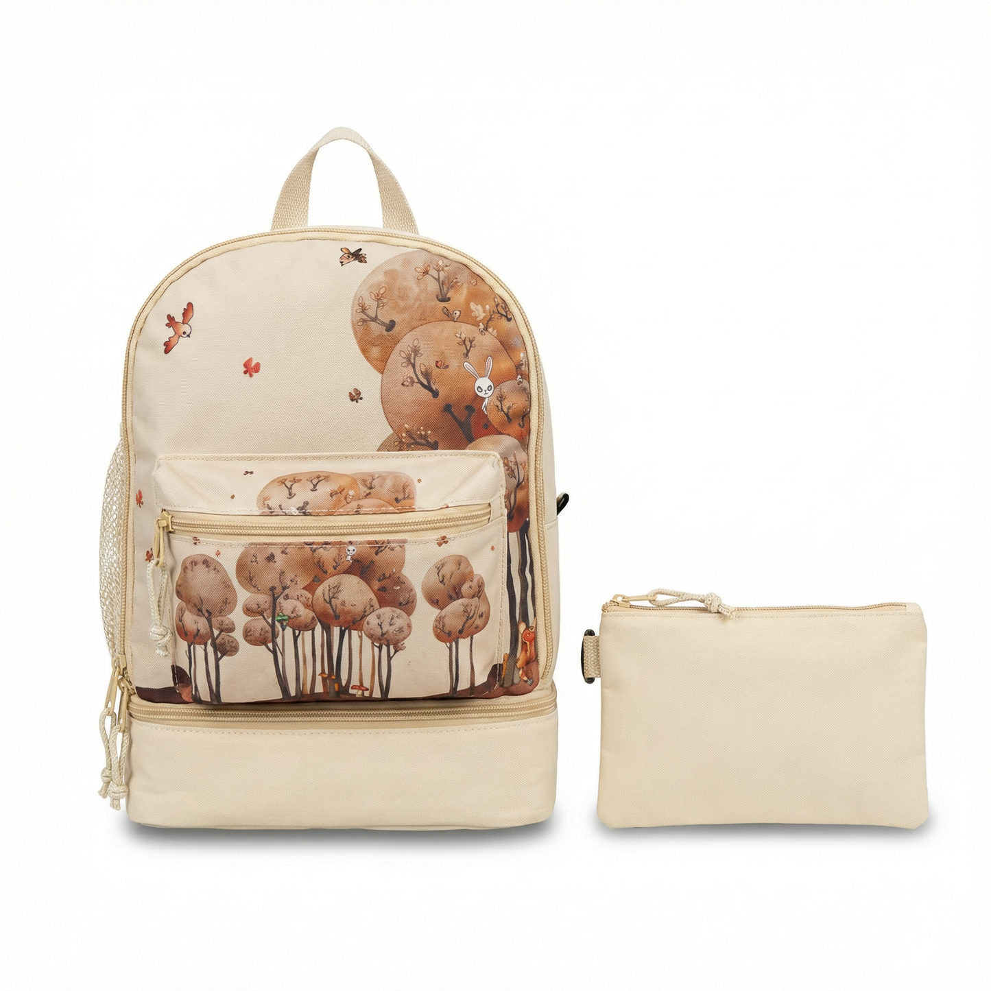 Jenard® Kinderrucksack – Leichter Rucksack für Kindergarten, Schule, Sport & Ausflüge | mit Trinkflaschenfach, Reflektoren | Creme / mit Tiere im Wald